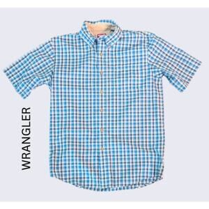 Mens Wrangler Wrinkle Resist Blue Plaid Short Sleeve Button Down Shirt SMALL